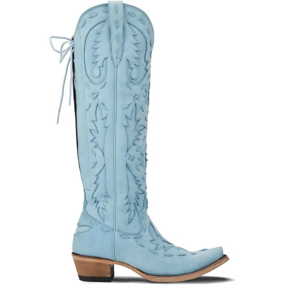 Women's Blue Pointed Toe Zipper Cowgirl Boots Lace up Chunky Heel Western Boots - Picture 5 of 7